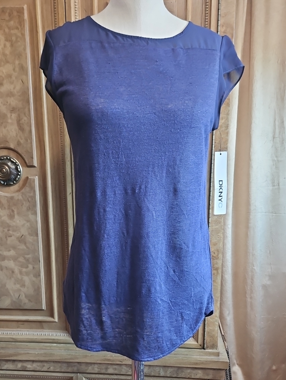 DKNYC Blue Sheer Cap-Sleeve Scoop Neck Linen Tee NWT XS